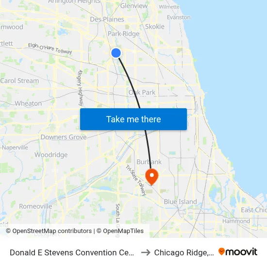Donald E Stevens Convention Center to Chicago Ridge, IL map