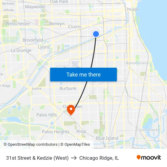 31st Street & Kedzie (West) to Chicago Ridge, IL map