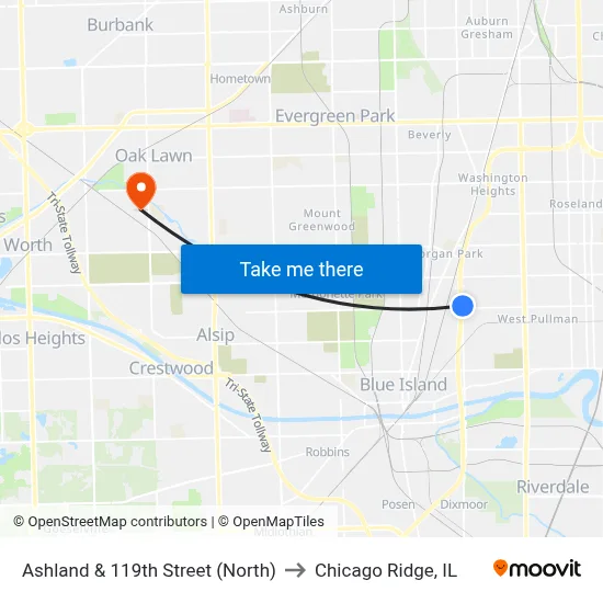 Ashland & 119th Street (North) to Chicago Ridge, IL map