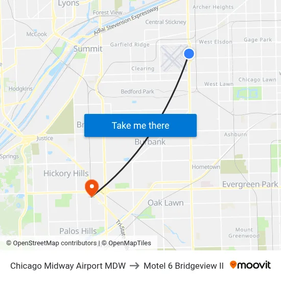 Chicago Midway Airport MDW to Motel 6 Bridgeview Il map