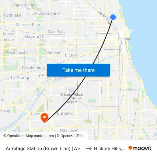 Armitage Station (Brown Line) (West) to Hickory Hills, IL map