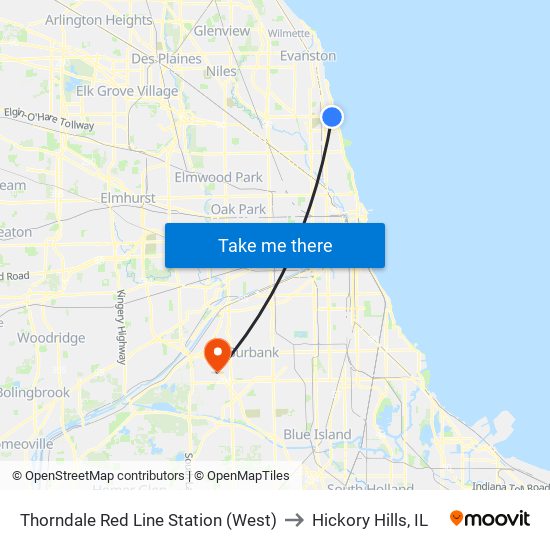 Thorndale Red Line Station (West) to Hickory Hills, IL map