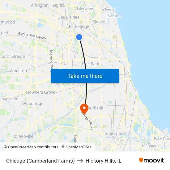 Chicago (Cumberland Farms) to Hickory Hills, IL map