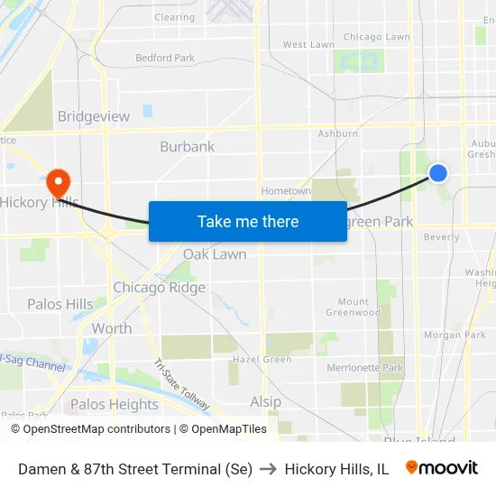 Damen & 87th Street Terminal (Se) to Hickory Hills, IL map