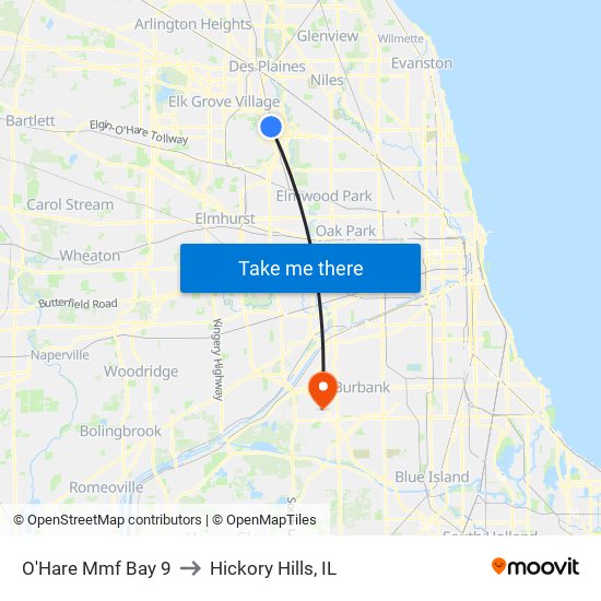 O'Hare Mmf Bay 9 to Hickory Hills, IL map
