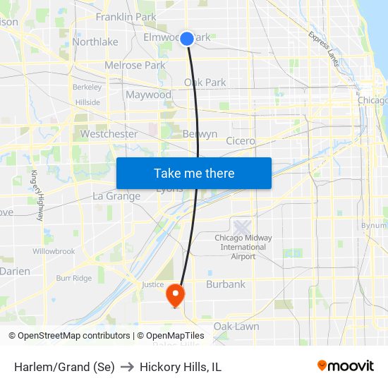 Harlem/Grand (Se) to Hickory Hills, IL map