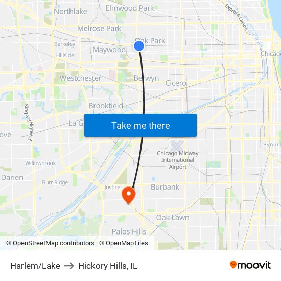 Harlem/Lake to Hickory Hills, IL map