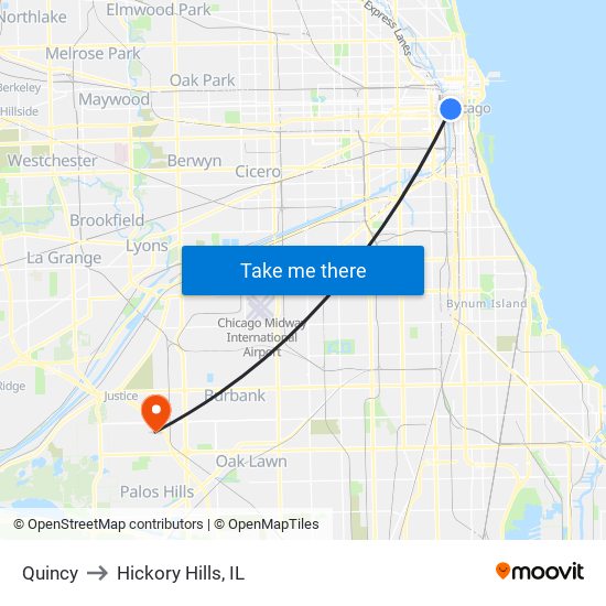 Quincy to Hickory Hills, IL map
