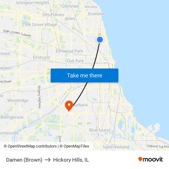 Damen (Brown) to Hickory Hills, IL map