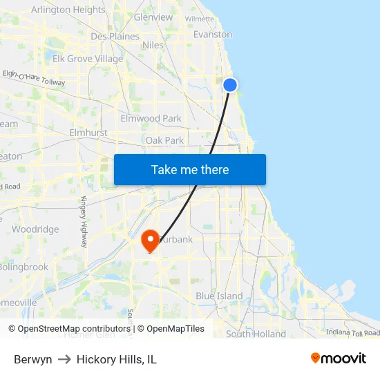 Berwyn to Hickory Hills, IL map
