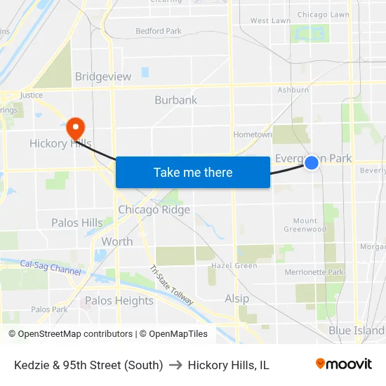 Kedzie & 95th Street (South) to Hickory Hills, IL map