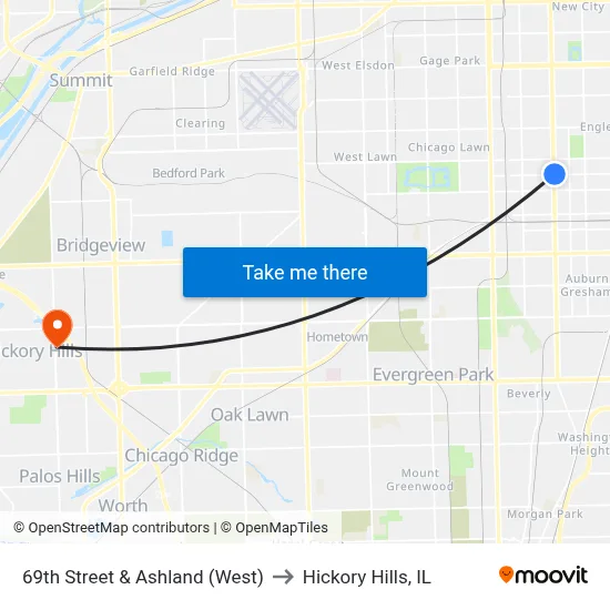 69th Street & Ashland (West) to Hickory Hills, IL map