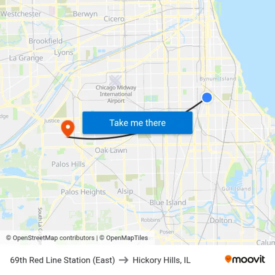 69th Red Line Station (East) to Hickory Hills, IL map