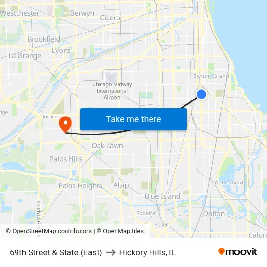 69th Street & State (East) to Hickory Hills, IL map