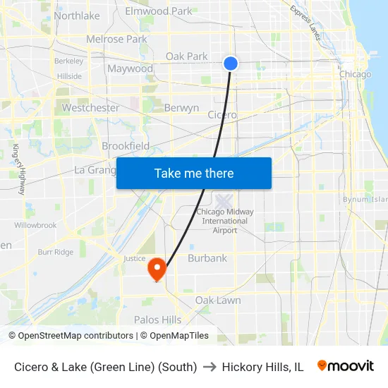 Cicero & Lake (Green Line) (South) to Hickory Hills, IL map