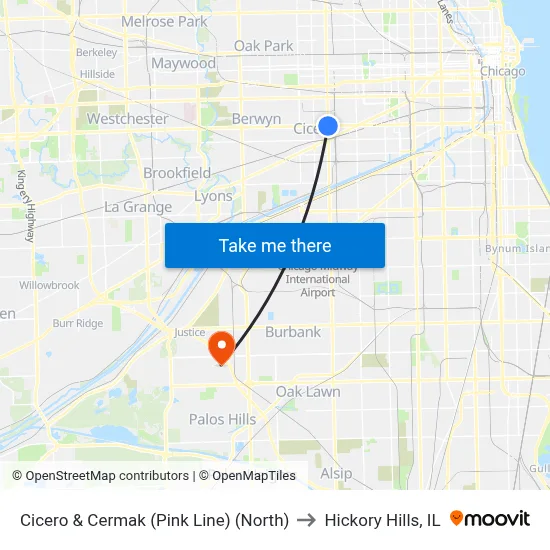 Cicero & Cermak (Pink Line) (North) to Hickory Hills, IL map
