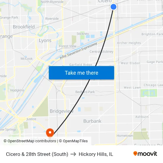 Cicero & 28th Street (South) to Hickory Hills, IL map