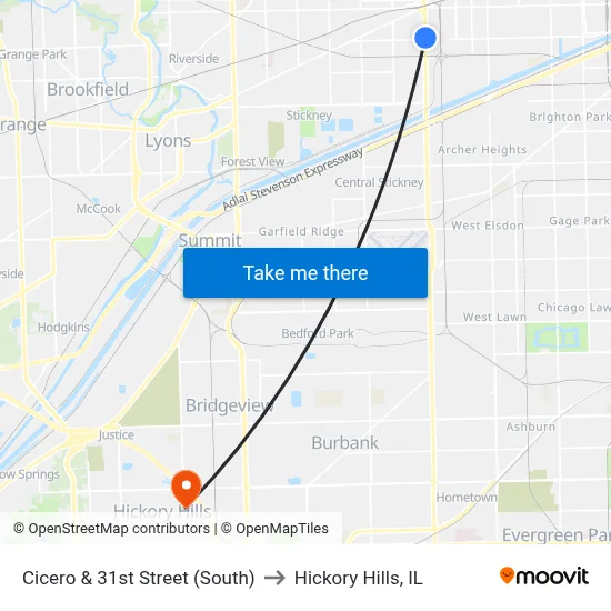 Cicero & 31st Street (South) to Hickory Hills, IL map