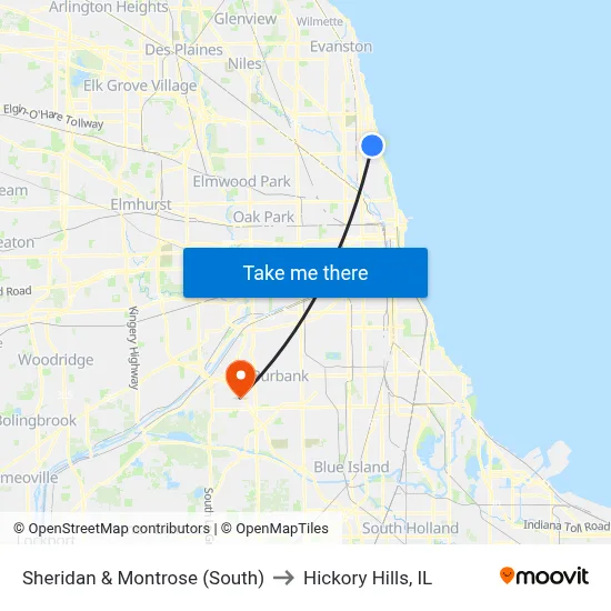 Sheridan & Montrose (South) to Hickory Hills, IL map