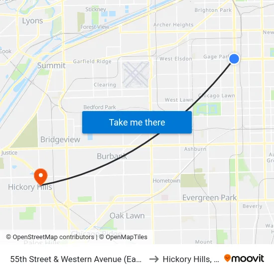 55th Street & Western Avenue (East) to Hickory Hills, IL map