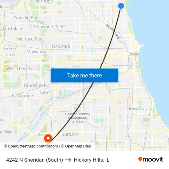 4242 N Sheridan (South) to Hickory Hills, IL map