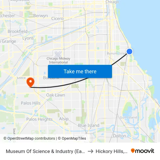 Museum Of Science & Industry (East) to Hickory Hills, IL map