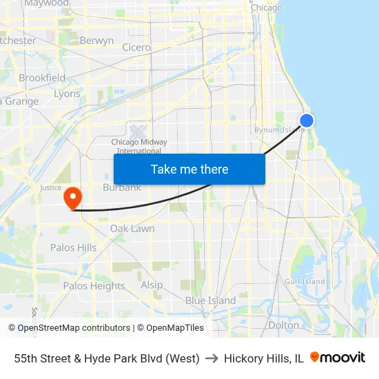 55th Street & Hyde Park Blvd (West) to Hickory Hills, IL map