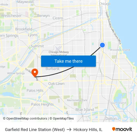 Garfield Red Line Station (West) to Hickory Hills, IL map