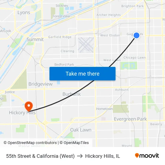 55th Street & California (West) to Hickory Hills, IL map