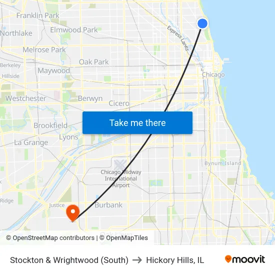 Stockton & Wrightwood (South) to Hickory Hills, IL map