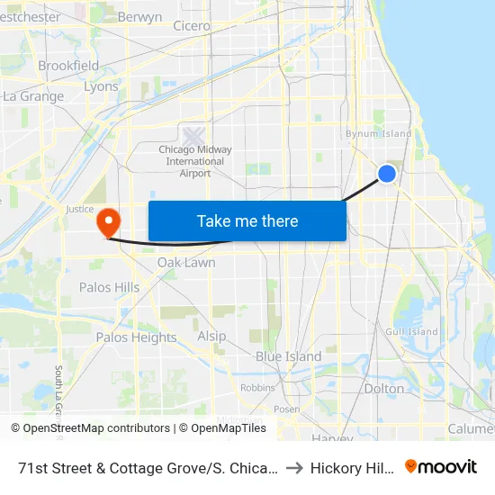 71st Street & Cottage Grove/S. Chicago (East) to Hickory Hills, IL map