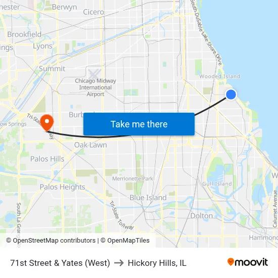 71st Street & Yates (West) to Hickory Hills, IL map