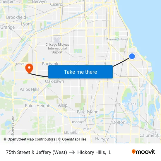 75th Street & Jeffery (West) to Hickory Hills, IL map