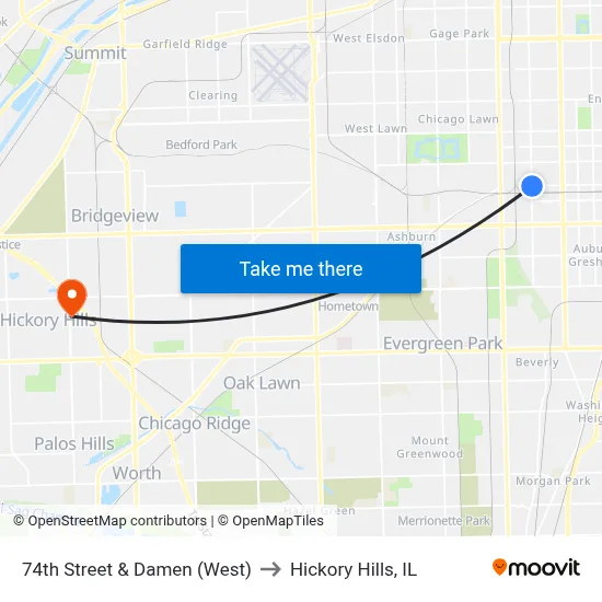 74th Street & Damen (West) to Hickory Hills, IL map