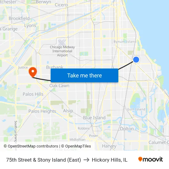 75th Street & Stony Island (East) to Hickory Hills, IL map