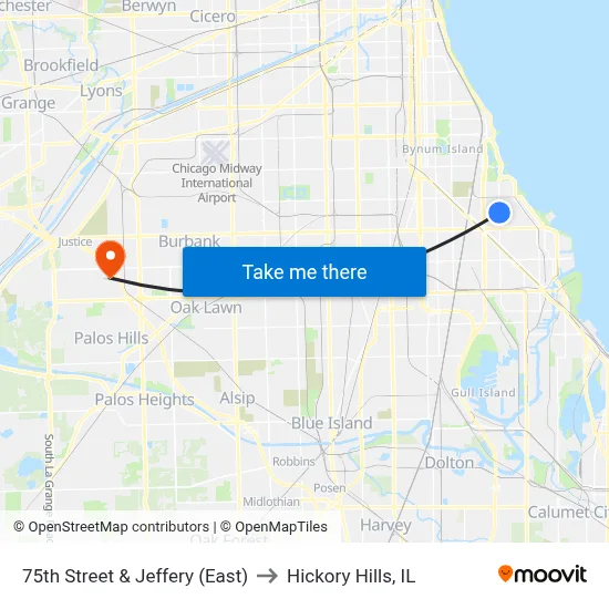 75th Street & Jeffery (East) to Hickory Hills, IL map
