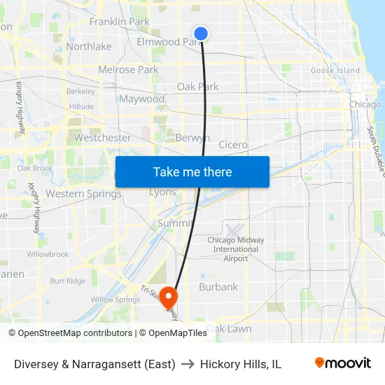 Diversey & Narragansett (East) to Hickory Hills, IL map