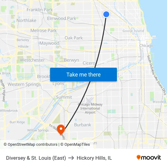 Diversey & St. Louis (East) to Hickory Hills, IL map
