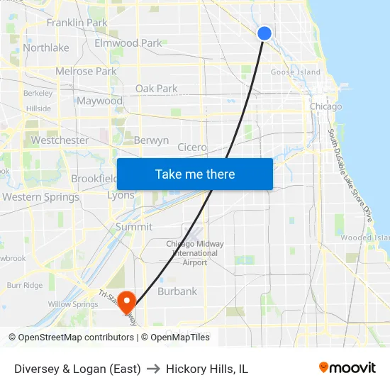 Diversey & Logan (East) to Hickory Hills, IL map