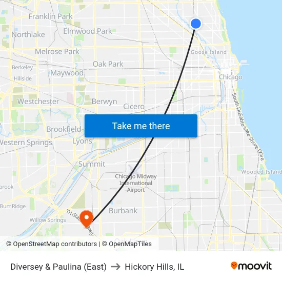 Diversey & Paulina (East) to Hickory Hills, IL map