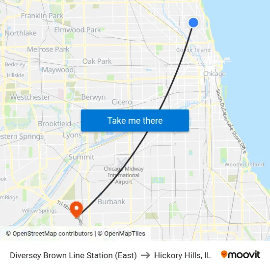 Diversey Brown Line Station (East) to Hickory Hills, IL map