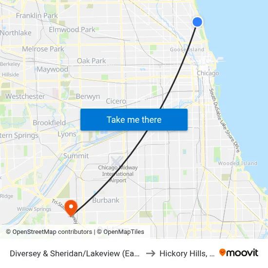 Diversey & Sheridan/Lakeview (East) to Hickory Hills, IL map