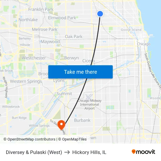 Diversey & Pulaski (West) to Hickory Hills, IL map