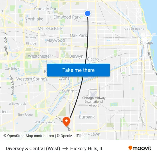 Diversey & Central (West) to Hickory Hills, IL map