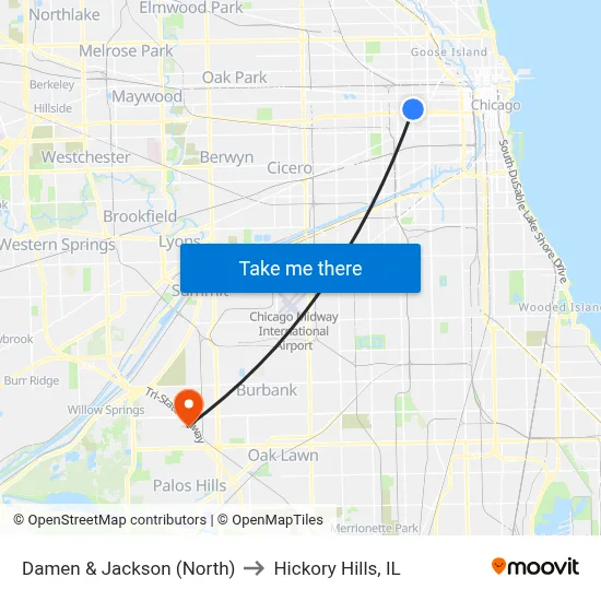 Damen & Jackson (North) to Hickory Hills, IL map
