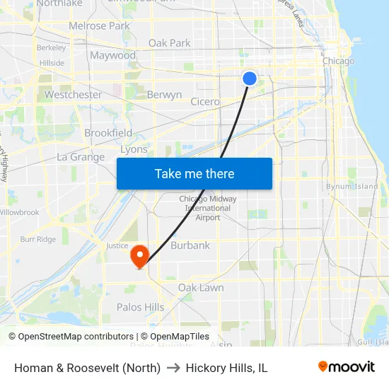 Homan & Roosevelt (North) to Hickory Hills, IL map