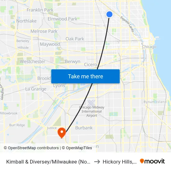 Kimball & Diversey/Milwaukee (North) to Hickory Hills, IL map