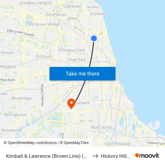 Kimball & Lawrence (Brown Line) (North) to Hickory Hills, IL map