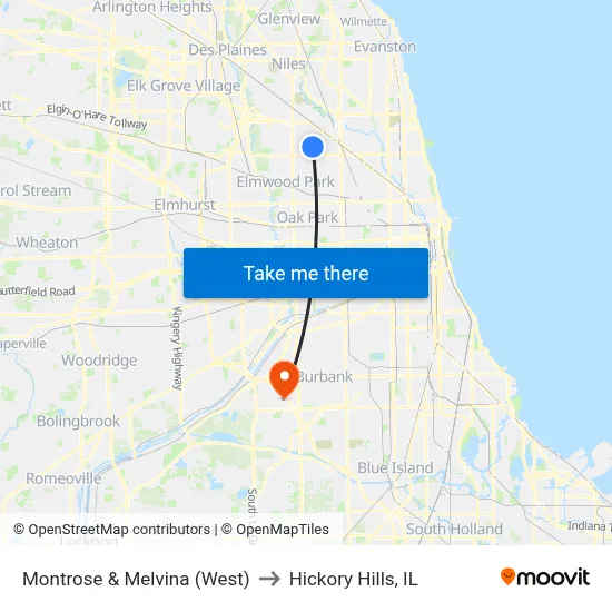 Montrose & Melvina (West) to Hickory Hills, IL map