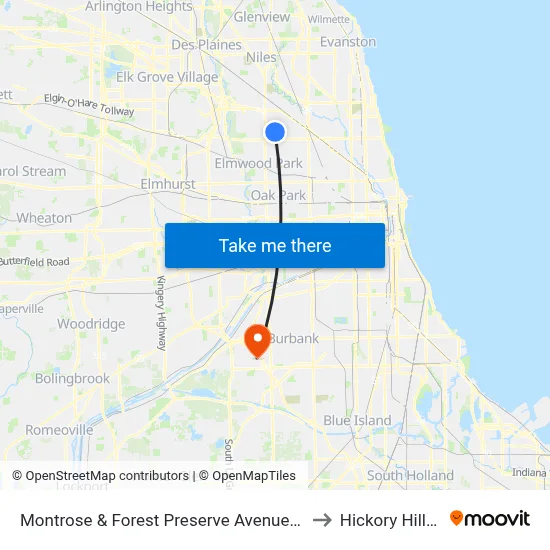 Montrose & Forest Preserve Avenue (West) to Hickory Hills, IL map